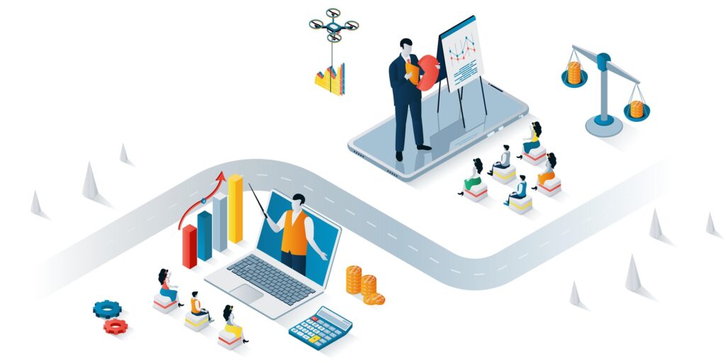 Business training concept 3d isometric web banner. People listen to speaker at seminar, online coaching, report presentation at conference. Illustration for landing page and web template design