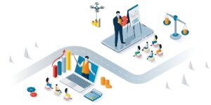 Business training concept 3d isometric web banner. People listen to speaker at seminar, online coaching, report presentation at conference. Illustration for landing page and web template design