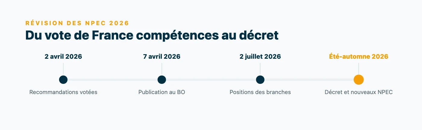Frise chronologique de la révision des NPEC 2026 : recommandations votées le 2 avril, publication au BO le 7 avril, positions des branches le 2 juillet, décret attendu entre l’été et l’automne.