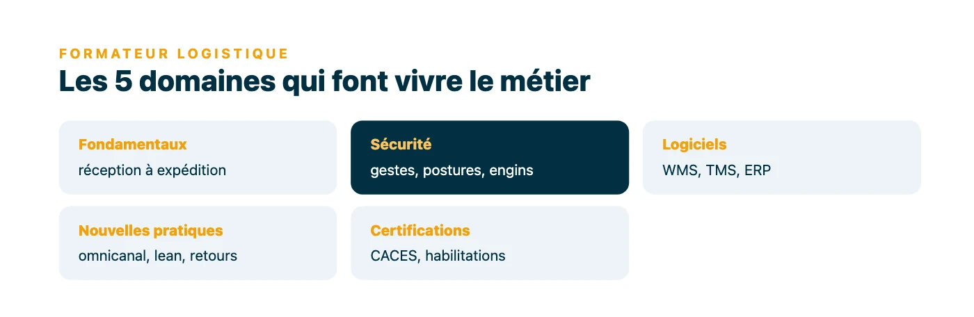 Cinq domaines d'intervention du formateur logistique : fondamentaux de l'entrepôt, sécurité (domaine central), logiciels WMS TMS ERP, nouvelles pratiques et certifications CACES.