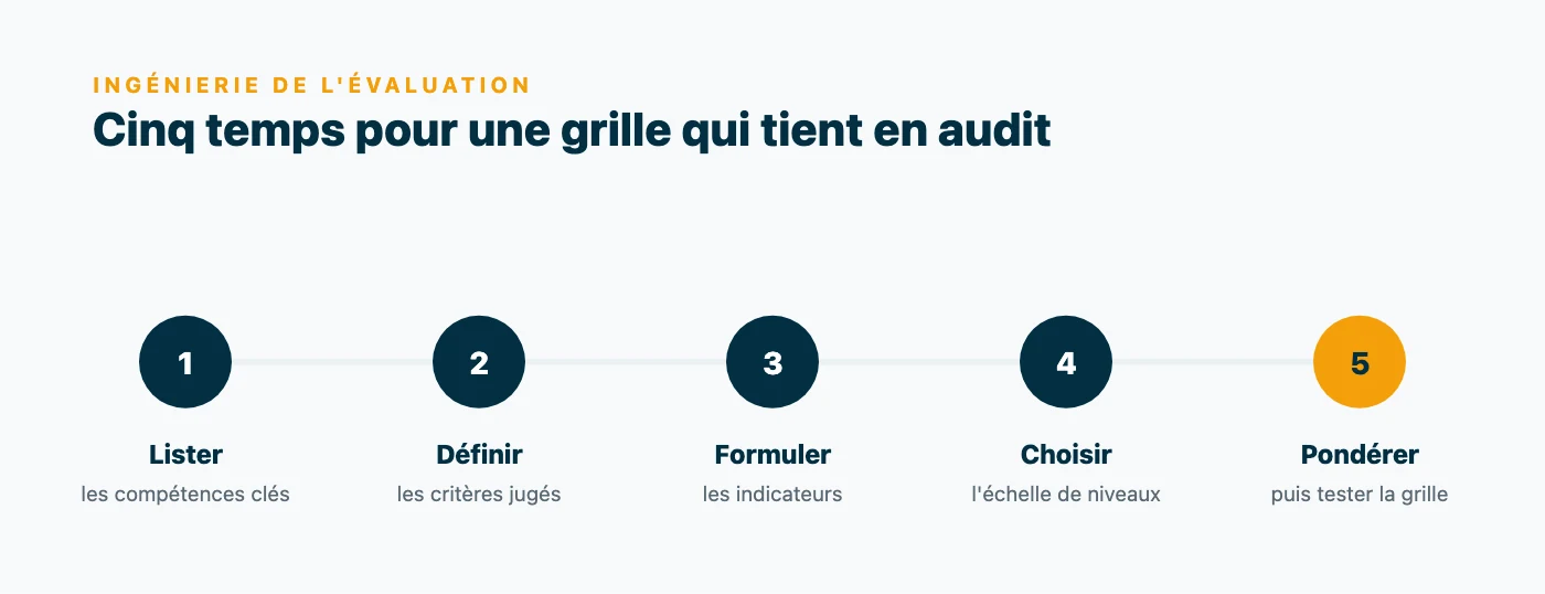 Processus en cinq étapes de construction d'une grille d'évaluation des acquis : lister les compétences, définir les critères, formuler les indicateurs, choisir l'échelle de niveaux, pondérer puis tester.