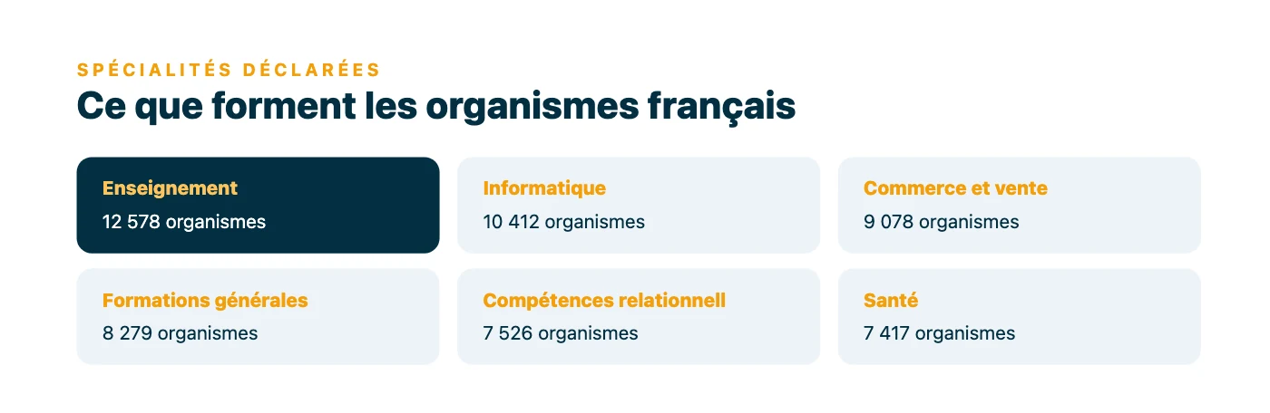 Principales spécialités déclarées par les organismes de formation : enseignement et formation, informatique, commerce et vente, formations générales