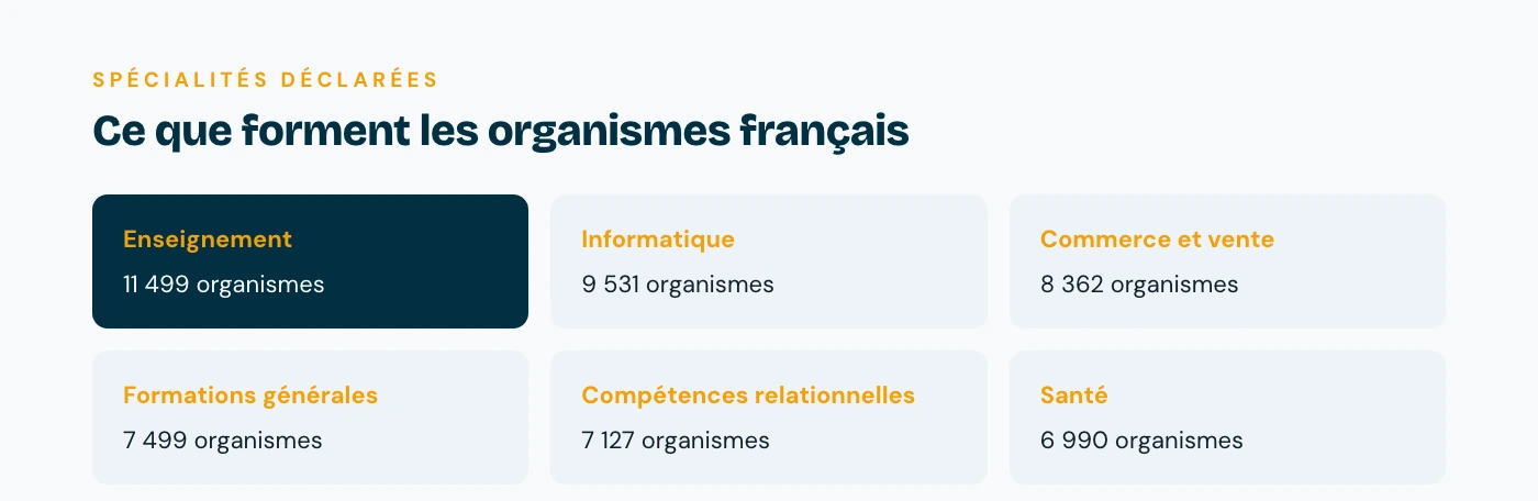 Principales spécialités déclarées par les organismes de formation : enseignement et formation, informatique, commerce et vente, formations générales